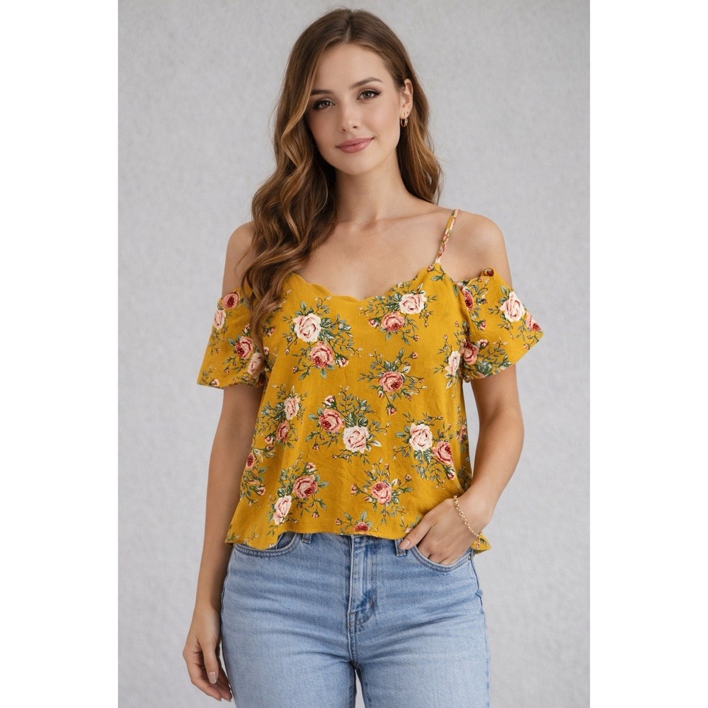 Monteau Women's Sz XL Mustard‎ Yellow Floral Print Cold Shoulder Blouse Top